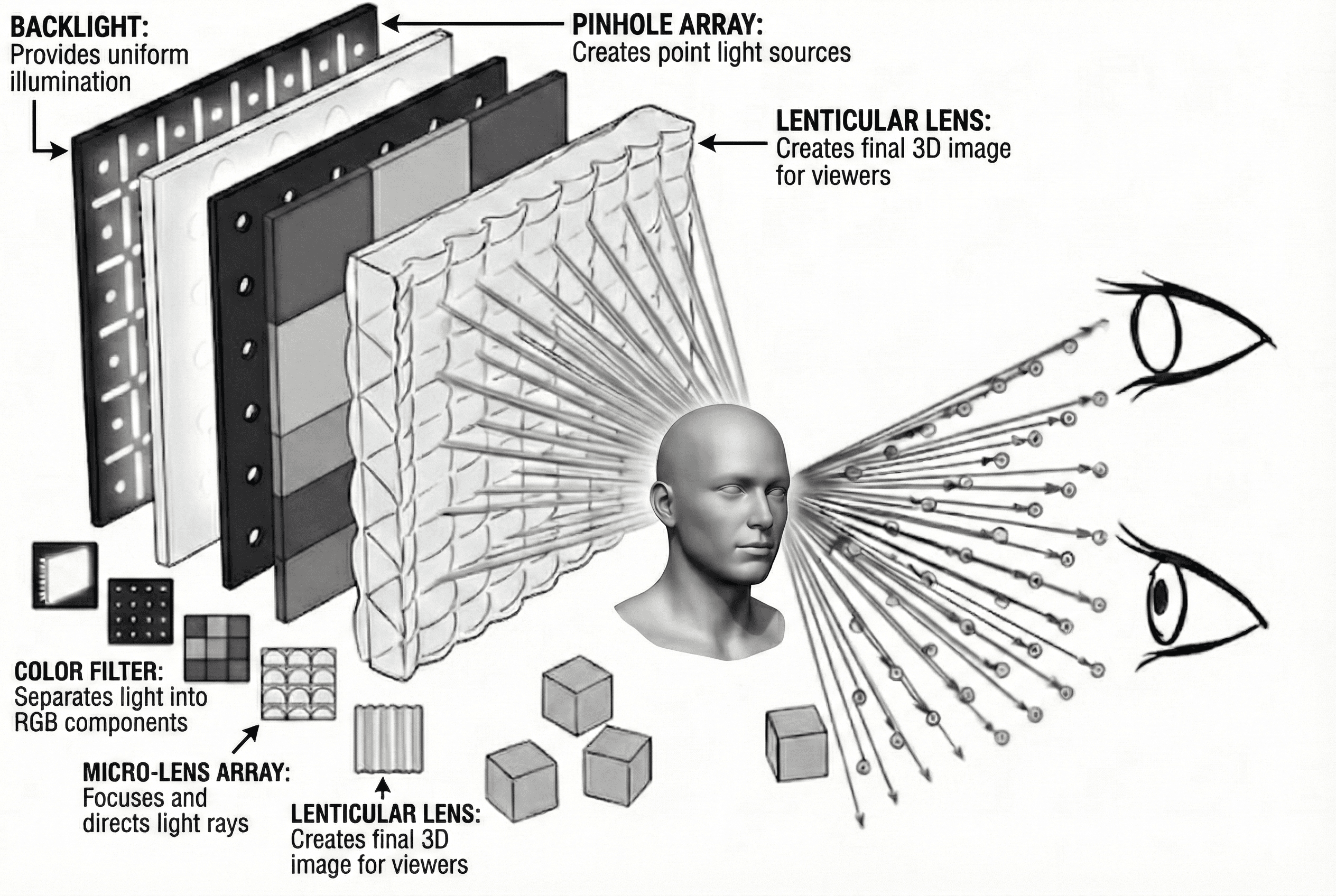 Illume Frame monochrome light field architecture showing point light origin, grayscale tone encoding, and lenticular ray steering.